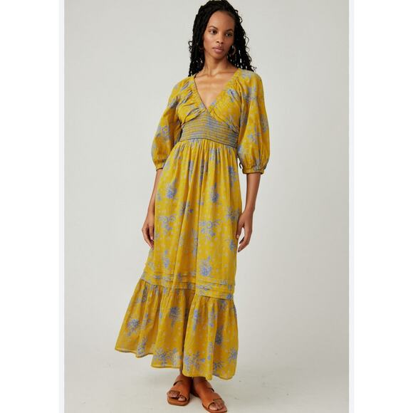 Free People Golden Hour Floral Maxi Dress Billowy V-Neck Sleeves XS NWT - Picture 1 of 10